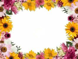 Border of flowers on white background with blank white text space AI Generative photo