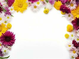 Border of flowers on white background with blank white text space AI Generative photo