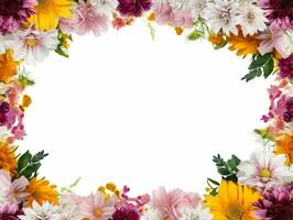 Border of flowers on white background with blank white text space AI Generative photo