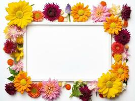 Border of flowers on white background with blank white text space AI Generative photo