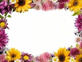 Border of flowers on white background with blank white text space AI Generative photo