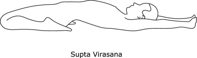 niña haciendo yoga. asana supta virasana. línea Arte en bosquejo estilo aislado en blanco antecedentes vector