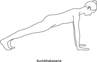 Girl doing yoga. Asana Kumbhakasana. Line art in sketch style isolated on white background vector