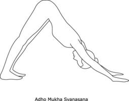 Girl doing yoga. Asana Adho Mukha Svanasana. Line art in sketch style isolated on white background. vector