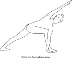 Girl doing yoga. Asana Parivrtta Parsvakonasana. Line art in sketch style isolated on white background vector