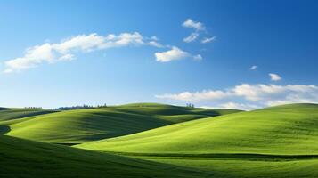 Fresco verde campos en primavera con un azul cielo fondo en un colina. ai generativo foto