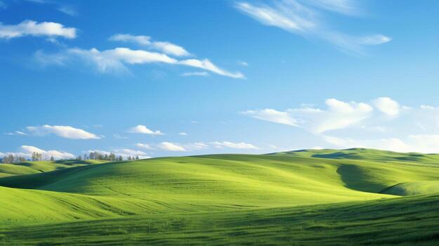 Fresh green fields in spring with a blue sky backdrop on a hill. ai generative photo