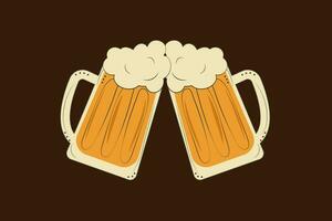 doodle style two glass toasting mugs with beer, cheers beer glasses. Print, template, design element. Vector