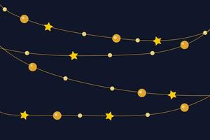 Cozy Christmas lights on a dark blue background with golden balls and stars. Background, print, card. vector. vector