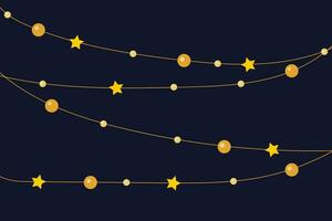 Cozy Christmas lights on a dark blue background with golden balls and stars. Background, print, card. vector. vector