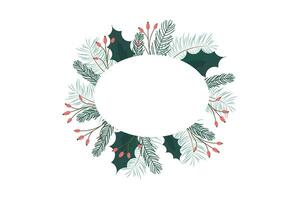 oval frame made of Christmas tree branches, berries, and leaves. For a card, greeting, invitation. Vector. vector