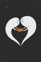 Couple of cute funny happy ghosts with pumpkin in the hands. Isolated flat cartoon vector illustrations for Halloween