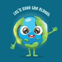 Cute planet earth character. Cartoon planet. Earth Day card vector illustration. Save the planet concept. World map globe face emoji. Vector illustration