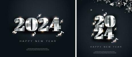 Silver metallic modern happy new year 2024 number3D ,Vertical and horizontal orientation design vector