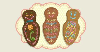 Guaguas de pan - Bread doll decorated with color lines in Spanish language - Top view of 3 different decorated breads on a yellow oval tablecloth with pink border vector