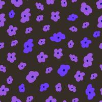 Vector seamless pattern with neon violet hand drawn flowers on dark background. Doodle neon flowers pattern.