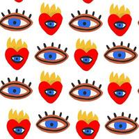 Doodle pattern with stylish hearts symbols and eyes. Doodle eyes pattern on white background. Modern valentines day pattern vector