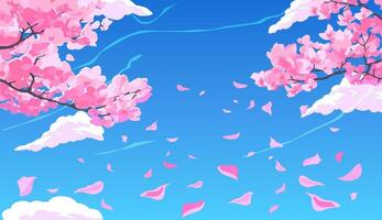 Pink blossoming sakura cherry branches with petals falling against the background of a bright blue sky with clouds. vector