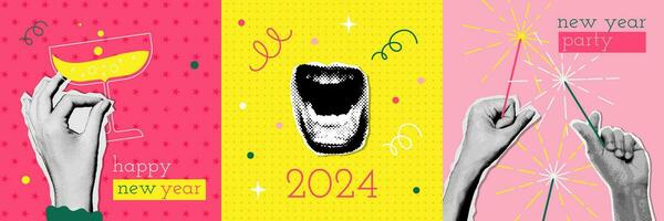 Happy new 2024 year party card and invitation set halftone design with yelling mouth and hands holding champagne and sparklers. Colorful collage style illustrations. Vector template for poster, banner