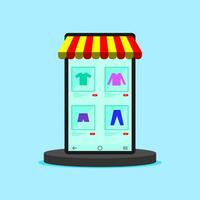 en línea tienda móvil en plataforma plano ilustración vector