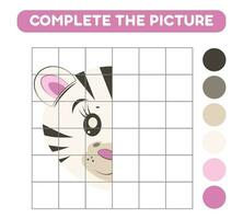 Complete the picture of cute cartoon zebra. Educational worksheets for kids. vector