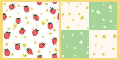 Seamless patterns with strawberry and flowers. Vector abstract design for paper, cover, fabric