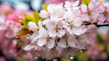 Rain-soaked cherry blossoms with a rainbow. Generative AI photo