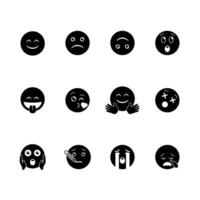 emoticon icono conjunto terminado blanco fondo, silueta estilo, vector ilustración