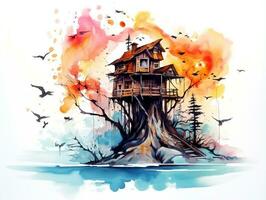 Mountain tree house with flying bird watercolor ink splash art illustration AI Generative photo