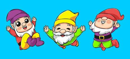 set of gnome cartoon character with happy expression. little dwarf in a jumping pose. line art and colored. vector illustration.