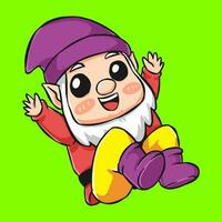 gnome cartoon character with happy expression. dwarf in a jumping pose. line drawing and colored. vector illustration.