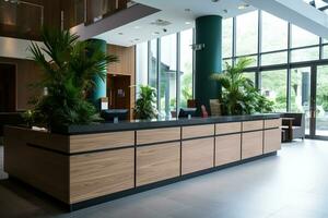 Empty modern reception desk in the lobby of a hotel, office. Registration of visitors. Book a room while on vacation or work. photo