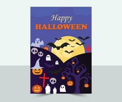 Halloween pumpkins and dark castle on blue Moon background, Vector illustration, Halloween Party Invitation, Halloween Template.