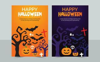 Halloween Banners Set. Vector Illustration. Flat Halloween Icons in Circles on Textured Backdrop. Trick or Treat Stickers. Halloween Party Invitation. Halloween Template.