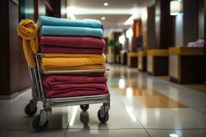 Hotel maid trolley, trolley with clean towels. Room cleaning concept. photo