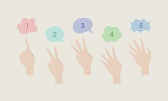 hand drawn vector illustration set of pastel flat hand gesture. Hand showing number counting, one, two, three, four, five. Nursery concept