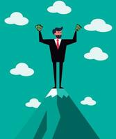 Successful Businessman on Top of the Mountain, Holding Money and Expressing Financial Triumph, Vector in Victory Pose as Part of a Professional Illustrations Pack