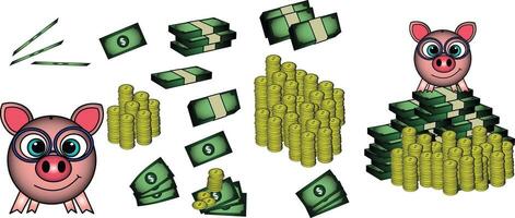 Coin storage pig and various variations of money, stacks of notes, stacks of coins vector