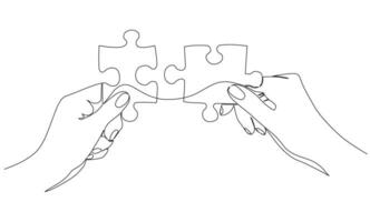 Continuous one line drawing of hands and puzzle. Vector illustration