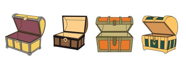 Set of open chests. Treasure chest isolated on white background. Vector illustration.