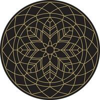 Vector black with gold outline round stained glass pattern for window or ceiling. Mosaic circle, geometric ornament. Sketchy flower