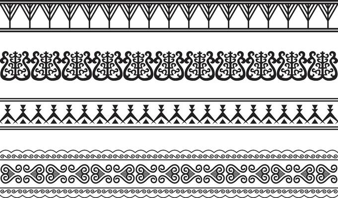Vector set of seamless Yakut national ornaments. monochrome endless asian patterns, bodices and frames. Home decorations, carpets and ceramics. Traditions of northern peoples, people of the tundra