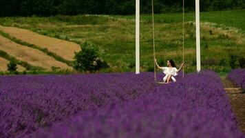 giovane, caucasico, brunetta donna cavalcate su un' swing nel un' bianca estate vestito godere un' lavanda campo. lento movimento. Provenza, Francia video