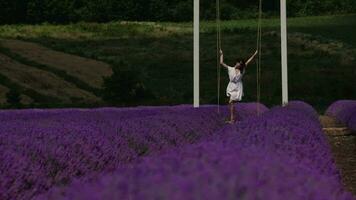 Young, caucasian, brunette woman rides on a swing in a white summer dress enjoy a lavender field. Slow motion. Provence, France video