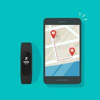 Running track route on map of mobile phone or cellphone connected to smart bracelet or wristband vector, flat cartoon smartphone with city GPS navigator direction or tracker technology image vector