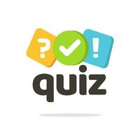 Quiz logo icon vector symbol, flat cartoon bubble speeches with question and check mark signs as competition game or interview logotype, poll questionnaire insignia isolated