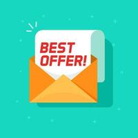 Best offer email message vector icon, flat cartoon open envelope with sale promotion text symbol isolated image