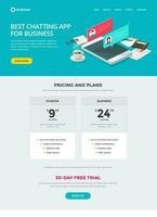 Website template design of chat messaging app for business vector layout or mockup, flat cartoon web site landing page and live chatting app on cellphone or mobile phone banner, modern pricing table