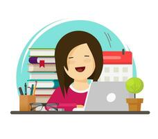 Business woman happy working on office work place vector illustration, flat cartoon female person sitting on table workplace with laptop computer, idea of girl study or learning