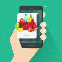 Internet food delivery or order via mobile phone vector illustration, flat cartoon hand with cellphone and food products on message screen, concept of web menu or recipe online image